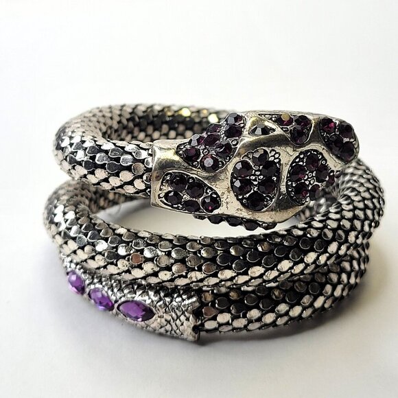 Vintage Mesh Purple Rhinestone 3 Coil Serpent SIlver Snake Bracelet - Picture 1 of 11